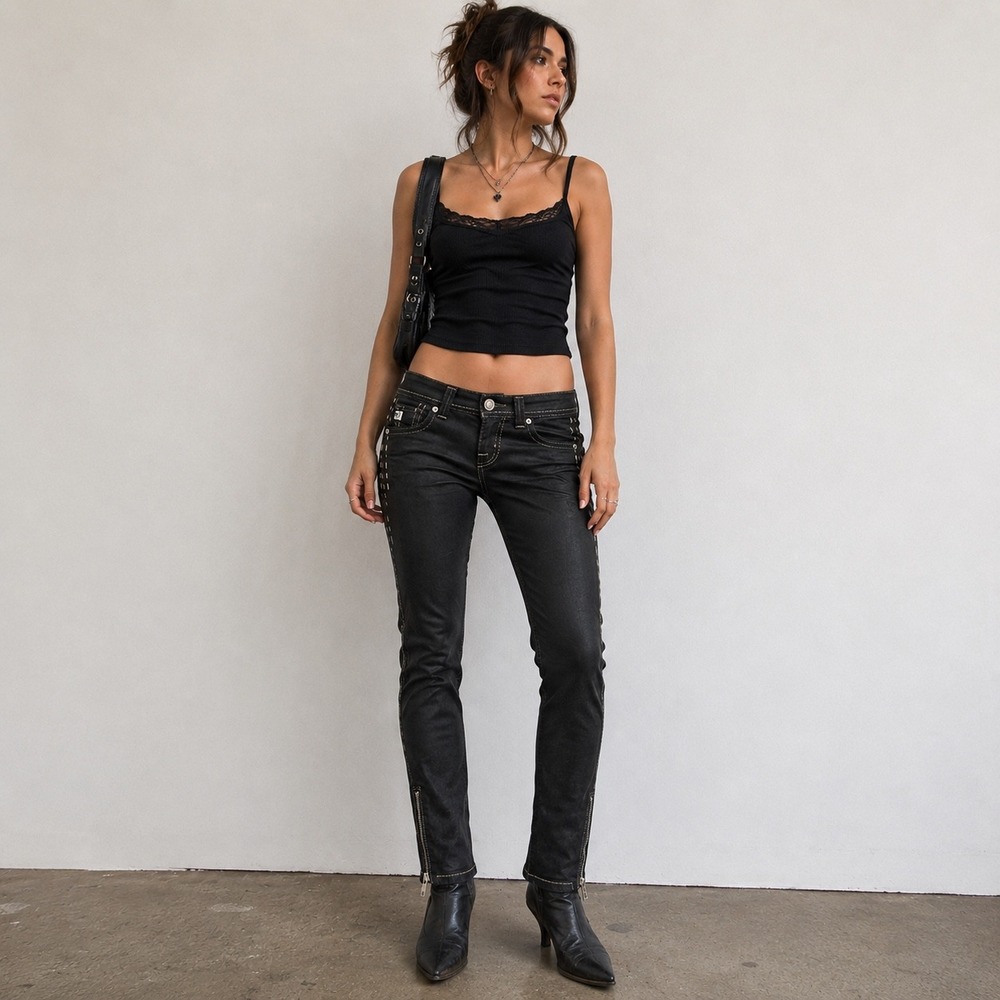 MEK Denim Bulgan Cigarette Jeans Womens 27/29 Slim Black Coated Low Rise Y2K - Picture 2 of 14